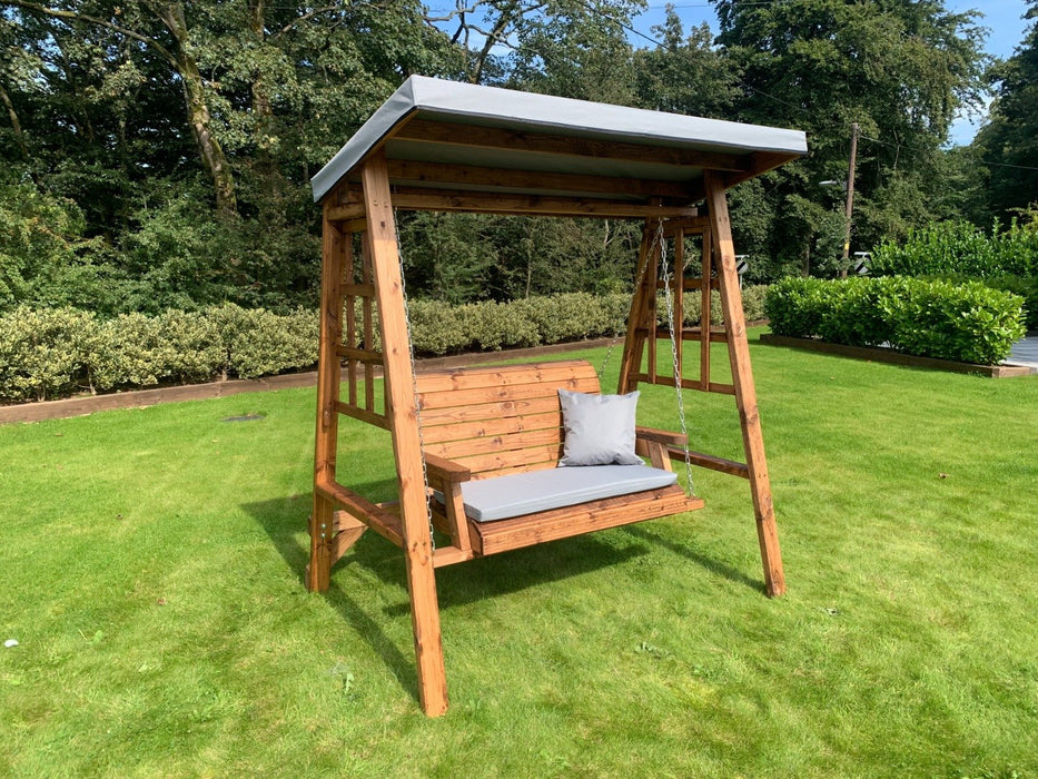 Charles Taylor ‘Dorset’ 2-Seater Wooden Swing with Grey Cushions & Detachable Roof Cover | HB133GR