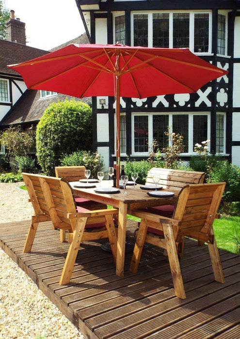 Charles Taylor Traditional Wooden 6-Seater Rectangular Table Set with Burgundy Cushions & Parasol | HB14B