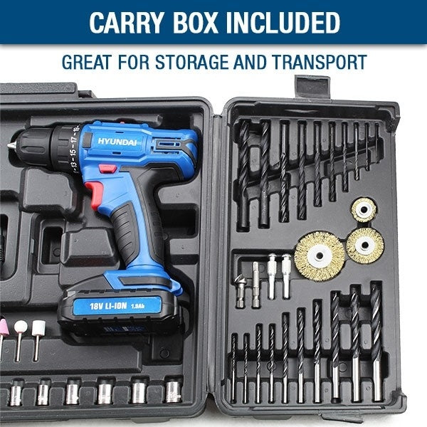 Hyundai 18v/1.5Ah Li-Ion Cordless Drill with 89-Piece Drill Accessory-Kit | HY2175