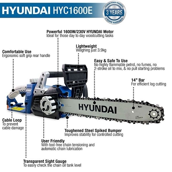 Hyundai 2400w Electric Chainsaw - 40cm Guide Bar | HYC2400E