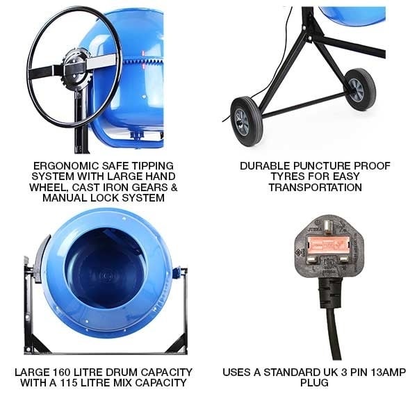 Hyundai HYCM160 Portable Electric Cement Mixer 160 litre 240v 650w Concrete Mixer (Cement Mixers)