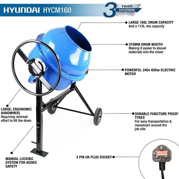 Hyundai HYCM160 Portable Electric Cement Mixer 160 litre 240v 650w Concrete Mixer (Cement Mixers)