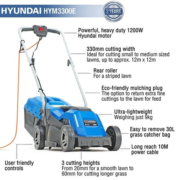 Hyundai 1200w/33cm 3-in-1 Electric 4-Wheel Rear-Roller Lawnmower | HYM3300E