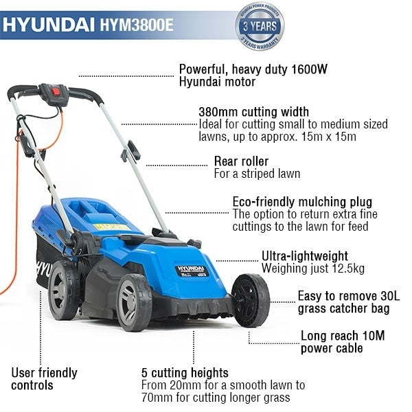 Hyundai 1600w/38cm Electric 4-Wheel Rear-Roller Mulching Lawnmower | HYM3800E