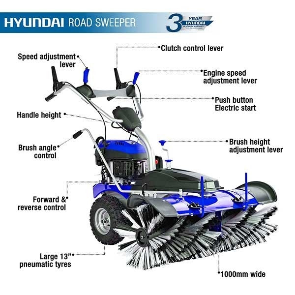 Hyundai Self Propelled Petrol Yard Sweeper Powerbrush 100cm 173cc - HYSW1000 (Powered Sweepers)