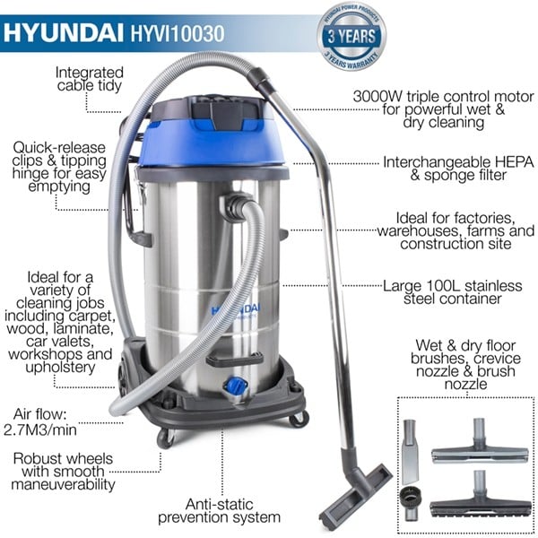 Hyundai 3000w Wet & Dry Filtration Vacuum | HYVI10030