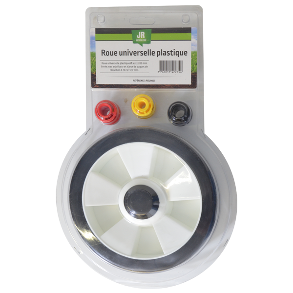 Lawnmower Spare Wheel 18cm-  JR Spares - Universal Fit with 3 x ring adapters 8-10-12-12.8mm JR-ROU002