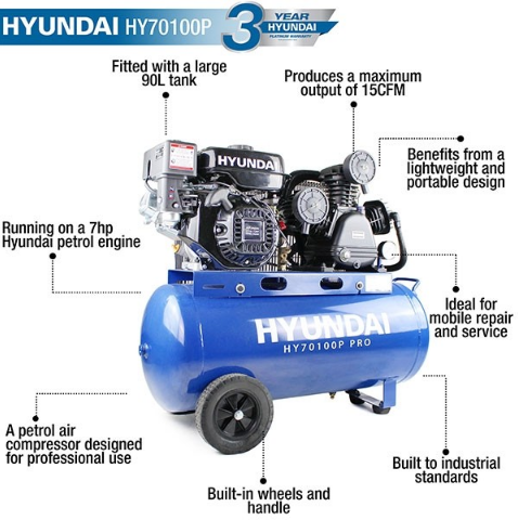 Hyundai 212cc/90L/145psi Petrol Air-Compressor | HY70100P