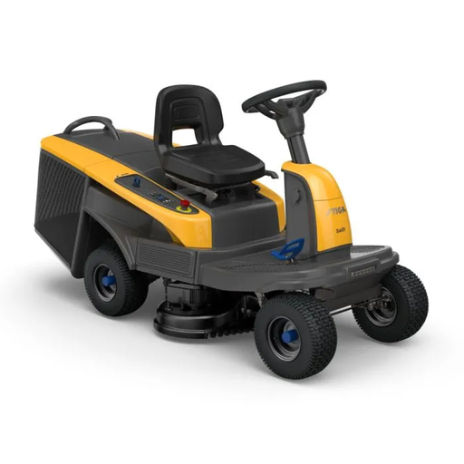 Stiga Swift 372e Battery-Powered Rear-Collect Ride-On Lawnmower with Stepless Electronic Drive - Main Image - Left Facing.

