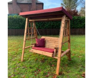 Charles Taylor ‘Dorset’ 2-Seater Wooden Swing with Burgundy Cushions & Detachable Roof Cover | HB133B
