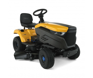 Stiga e-Ride S300 Battery-Powered Side-Discharge Lawn Tractor with Stepless Electronic Drive - Main Image - Front-Right View.